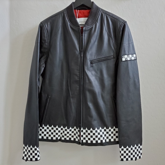 NWT Leather Ovadia & Sons Checker Print Biker Jacket - Picture 2 of 16